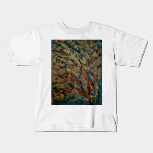abstract painting of tree with gold leave and copper toned branche with a sky in my favorite colors Kids T-Shirt
